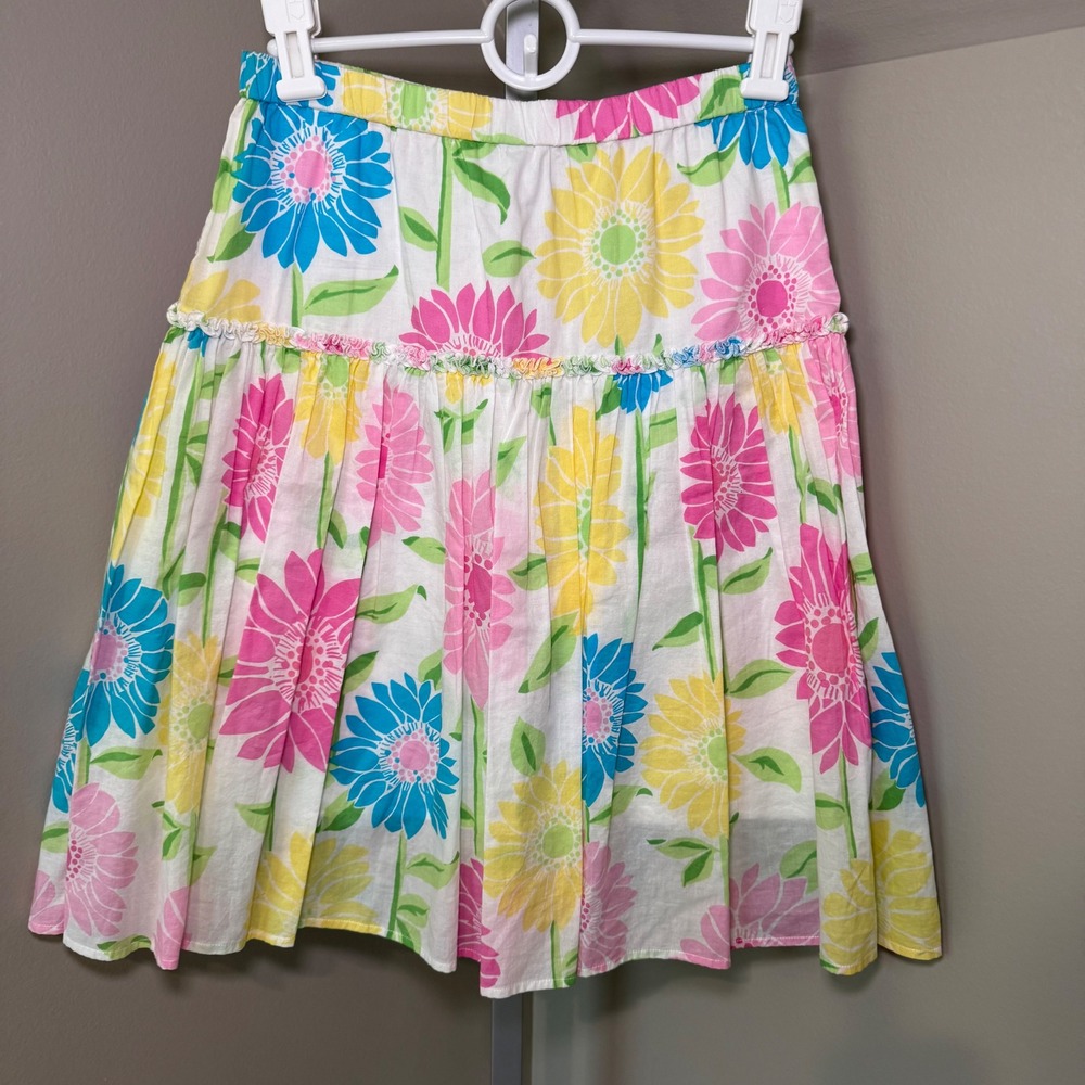 Lilly Pulitzer Vintage Skirt XS White Pink Yellow Floral Cotton Ruffle Colorful